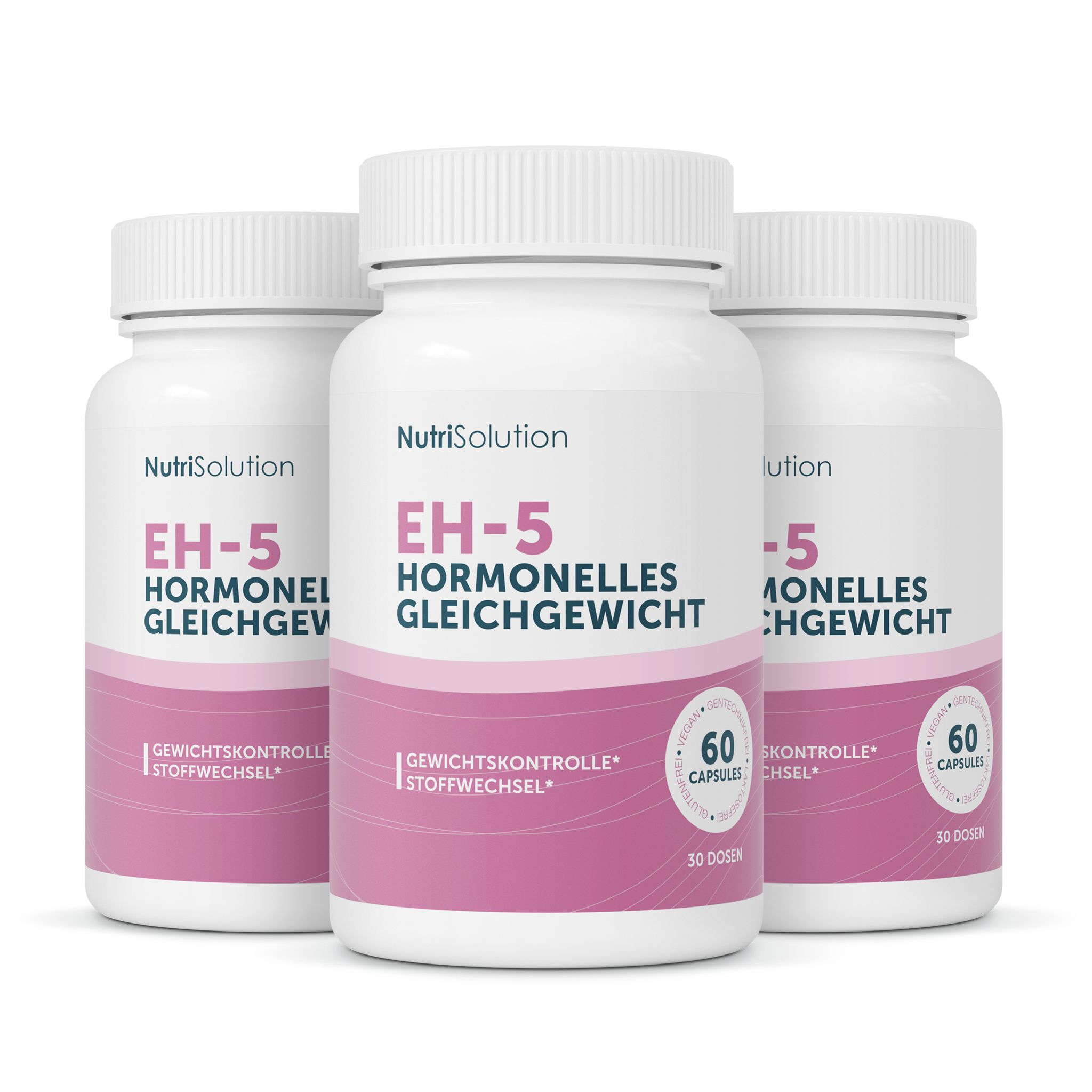Drei Flaschen NutriSolution EH-5 für hormonelles Gleichgewicht, je 60 Kapseln.