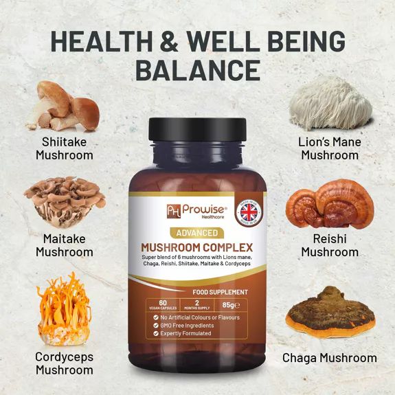 Prowise Healthcare Advanced Mushroom Complex, Flasche mit Pilzabbildungen: Shiitake, Lion's Mane, Maitake, Reishi, Cordyceps, Chaga. 60 Kapseln.