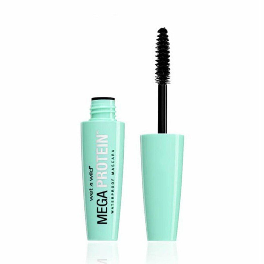 Türkisgrüne Mascarabürste mit schwarzer Bürste. Aufschrift: Wet n Wild Mega Protein Waterproof Mascara.