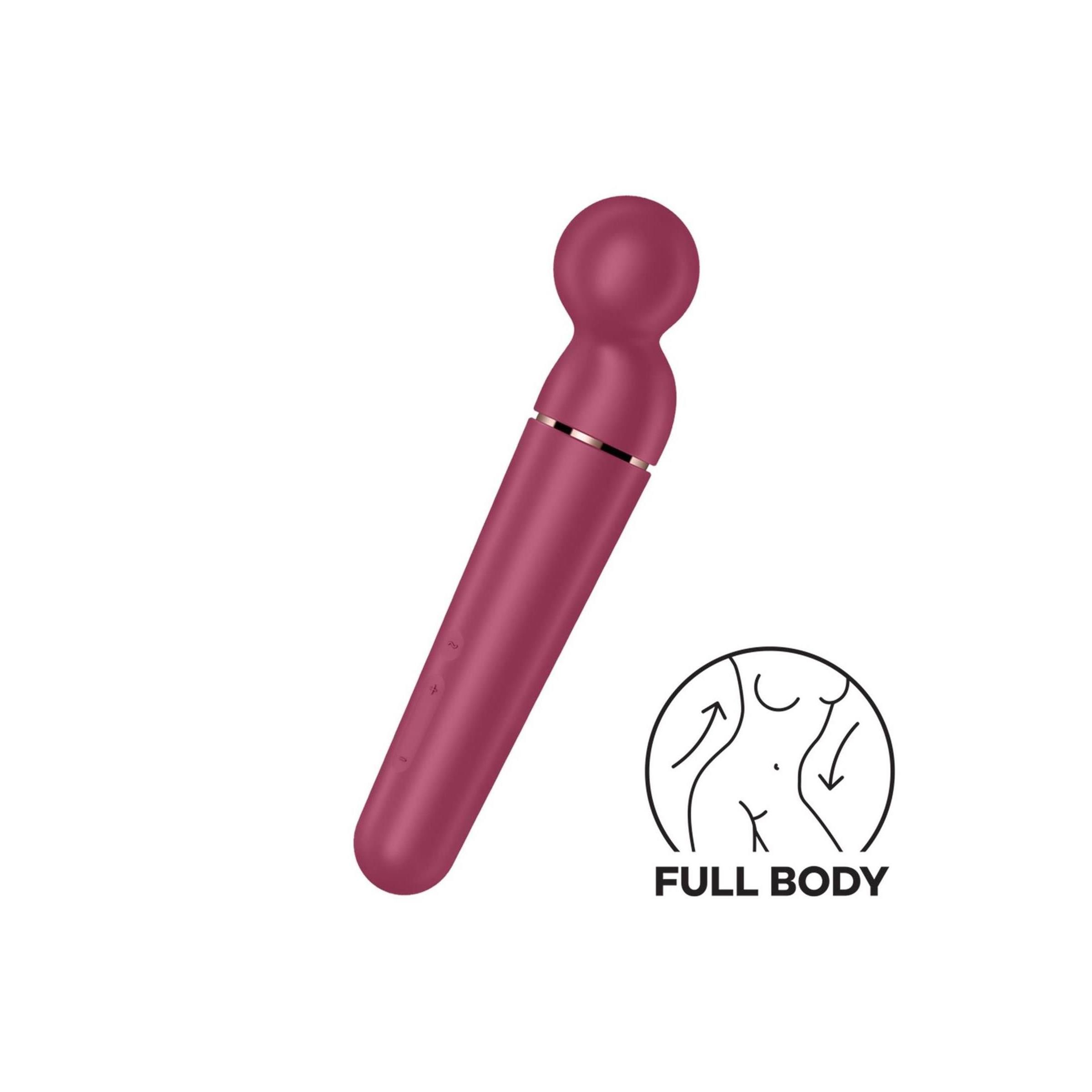 Bordeauxfarbener Vibrator mit rundem Kopf und zylindrischem Schaft. Silberfarbener Ring. Illustration: Ganzkörper.