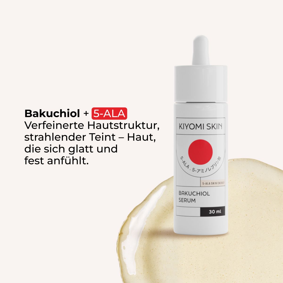 Produktflasche mit Pipette und Text: Bakuchiol + 5-ALA. Beschreibung der Wirkung auf die Haut.