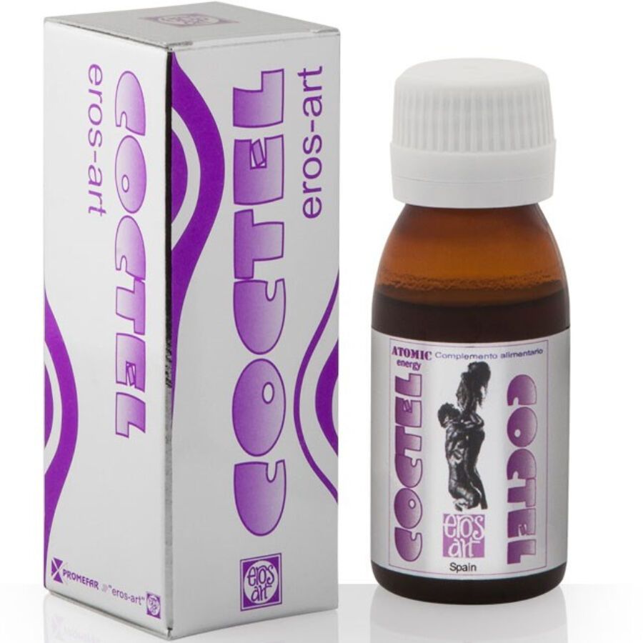 Karton und Flasche mit Produktetikett. Aufschrift COCTEL eros-art. Flasche mit weißem Deckel, brauner Flüssigkeit.