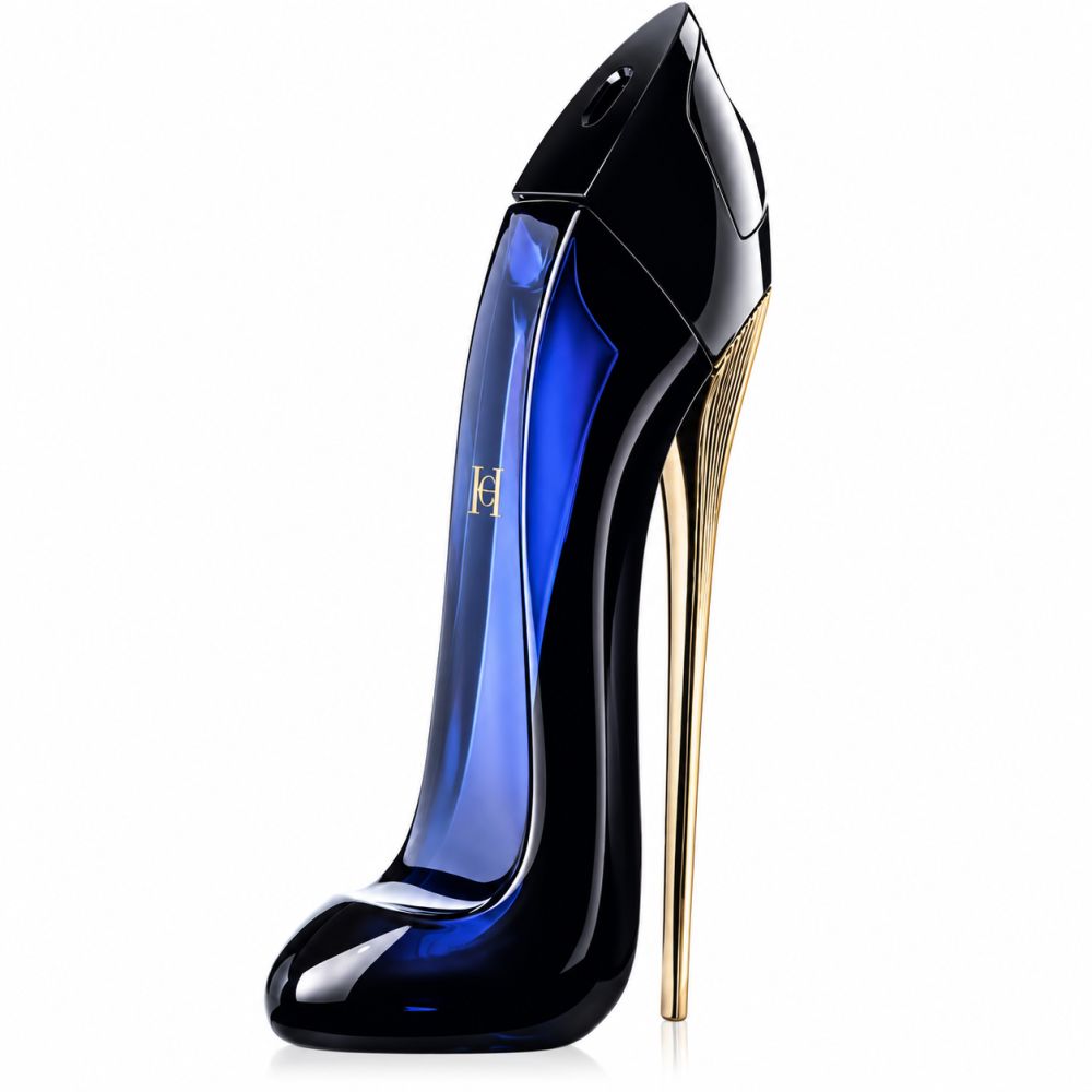 Blauer Carolina Herrera Good Girl Eau de Parfum Flakon in Schuhform mit goldener Ferse.