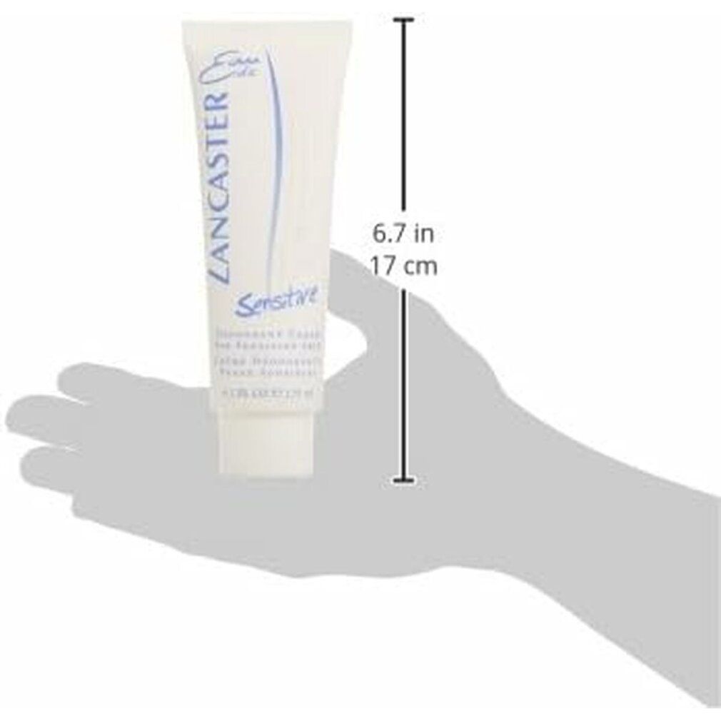 Weiße Tube in Hand gehalten. Schriftzug: Lancaster Sensitive, Deodorant Creme, 4.2 FL. OZ. 125 ml. Maße: 17 cm.