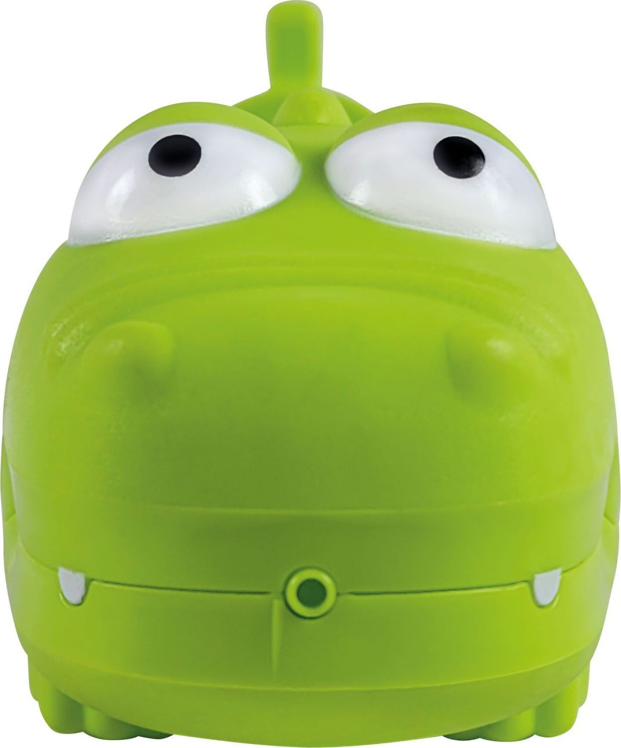 Grüne Wasserspritzpistole in Krokodilform. Frontansicht. Mit Augen, Zähnen und Mundöffnung.