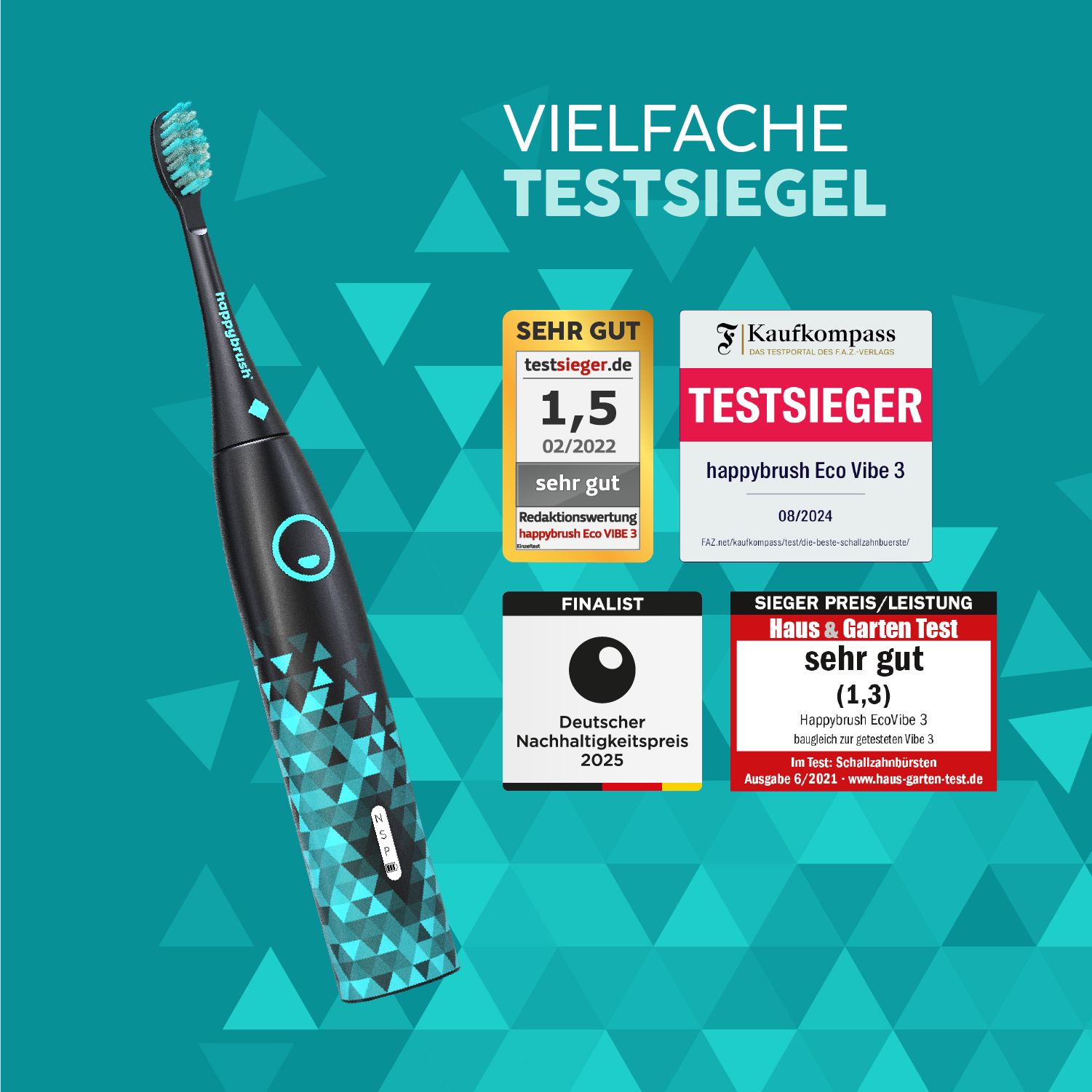 Schallzahnbürste mit Test-Siegeln. Sehr gut von test.de, Testsieger von Kaufkompass, Finalist Deutscher Nachhaltigkeitspreis, Haus & Garten Test.