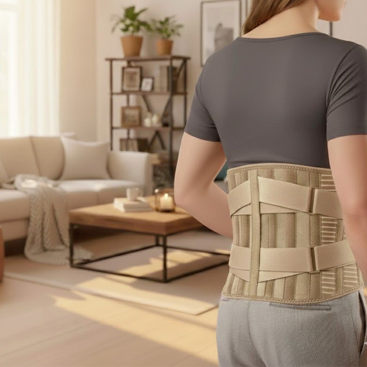 Rückenbandage am Rücken einer Person. Beige mit vertikalen Streben.