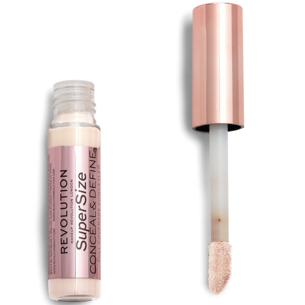 Concealer-Tube und Applikator. Aufschrift: Super Size Conceal & Define. Produkt von Makeup Revolution.