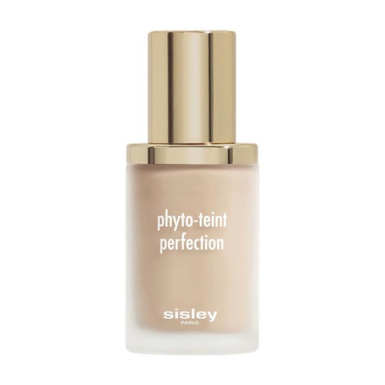 Sisley Phyto-Teint Perfection. Flakon mit goldfarbenem Deckel. Produktname und Marke. Beige Flüssigkeit.