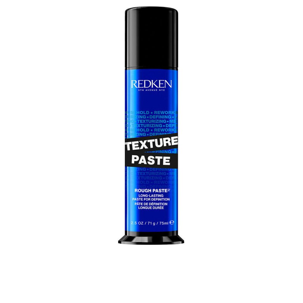 Zylindrische Tube mit schwarzem Deckel. Aufschrift: REDKEN, TEXTURE PASTE. Blaue und weiße Schrift. 75 ml.