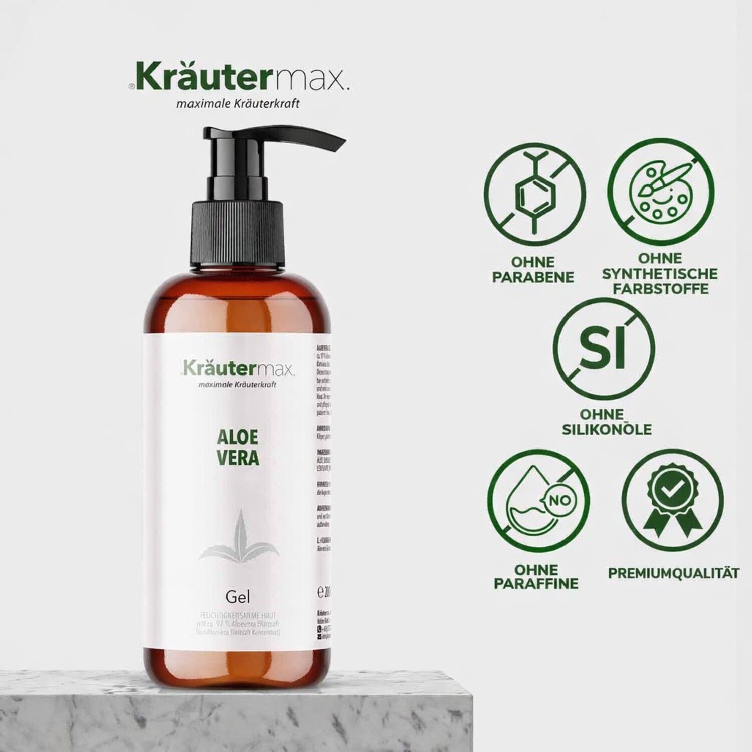 Braune Flasche mit schwarzem Pumpverschluss. Logo und Produktbezeichnungen. Symbole: Ohne Parabene, Silikone, etc.