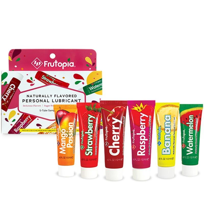 Packung mit sechs Tuben Gleitgel mit Fruchtaromen. Farben: Orange, Rot, Kirschrot, Pink, Gelb, Grün. Aufschrift: Mango, Erdbeere, Kirsche, Himbeere, Banane, Wassermelone.
