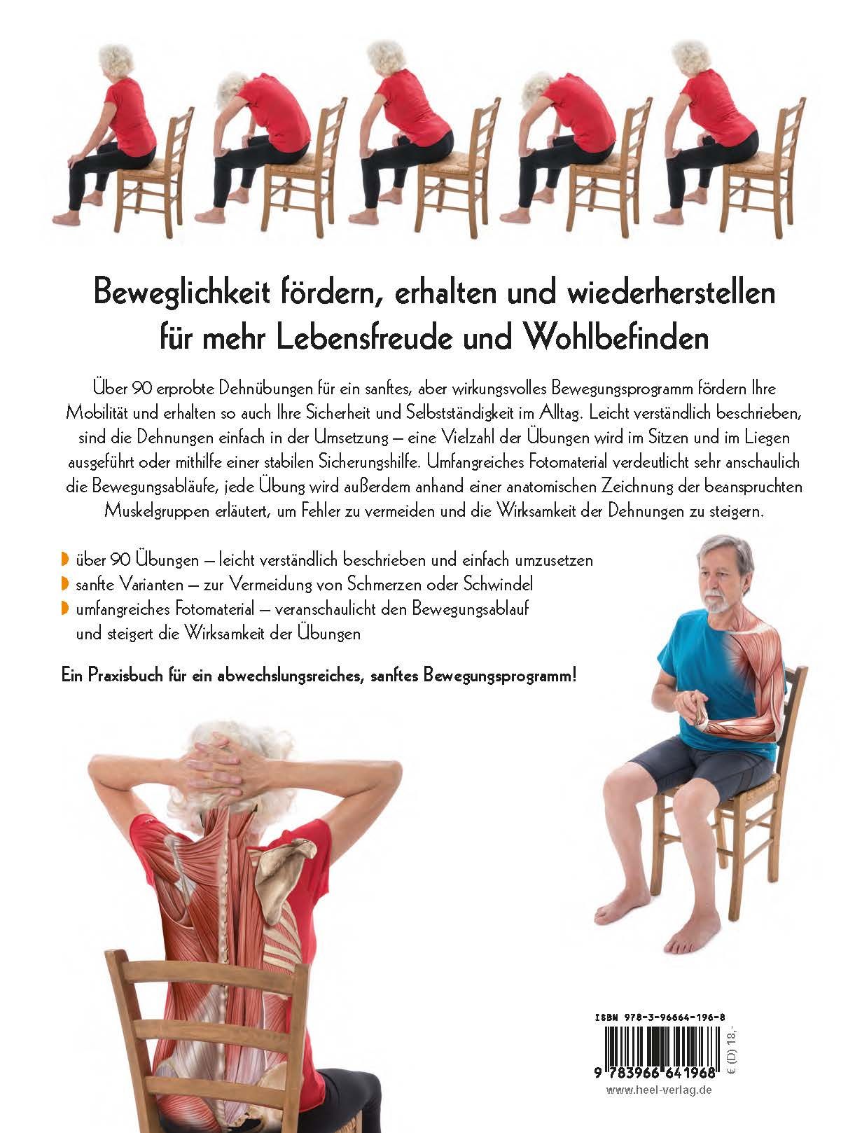 Rückseite des Buches "Stretching für Senioren". Text und Abbildungen von Übungen. ISBN und HEEL-Logo.