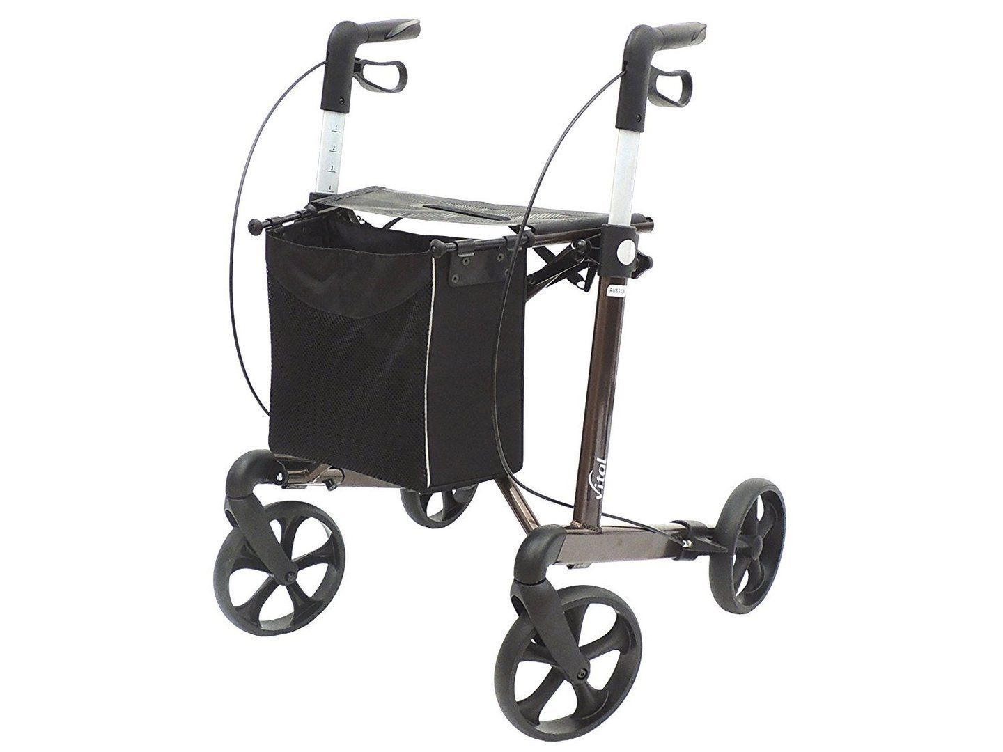Rollator mit drei Rädern, braun-schwarz. Mit Tasche und Bremsen. Aufschrift "vital".