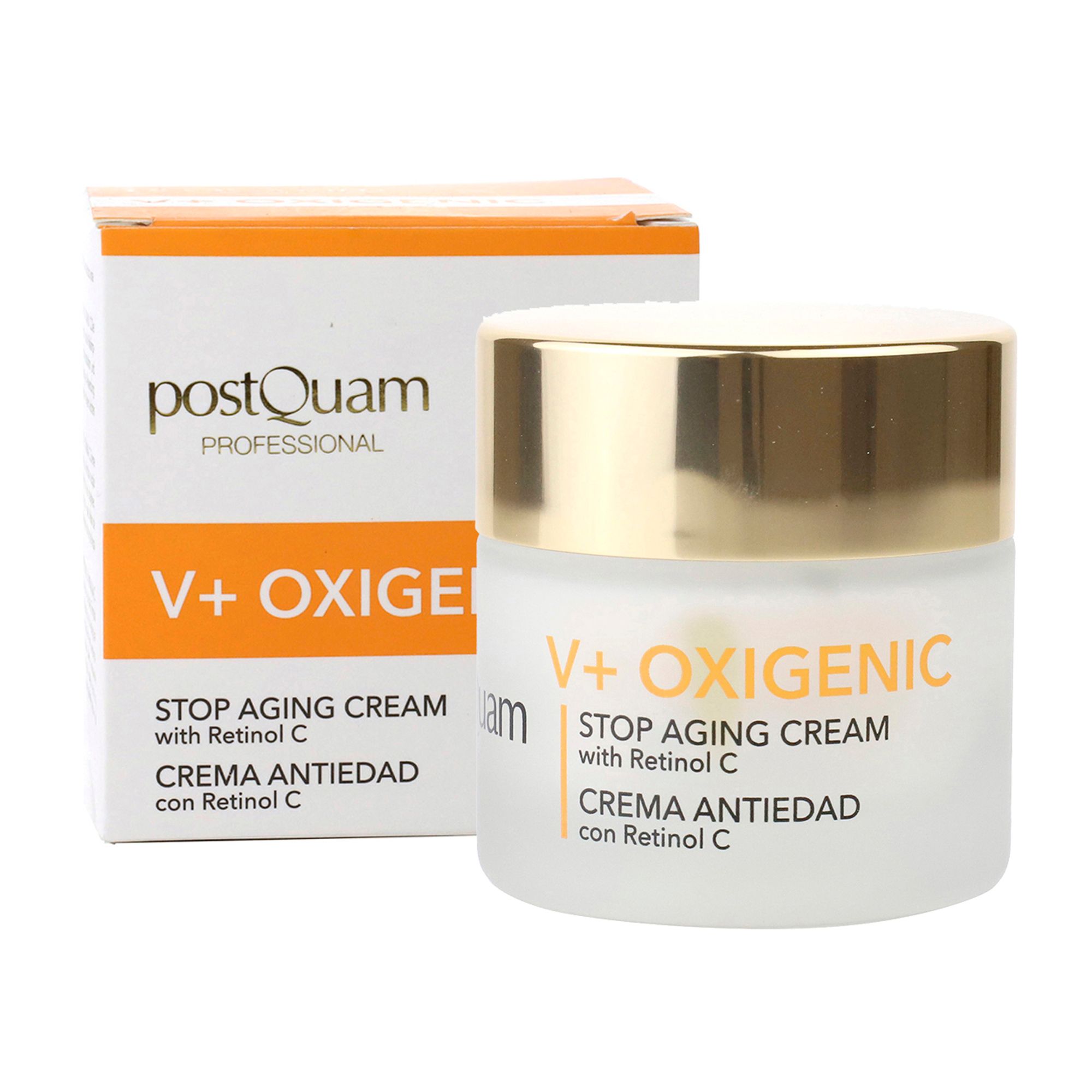 Creme-Tiegel und Verpackung. Aufschrift: V+ OXIGENIC, Stop Aging Cream mit Retinol C. Marke: postQuam.