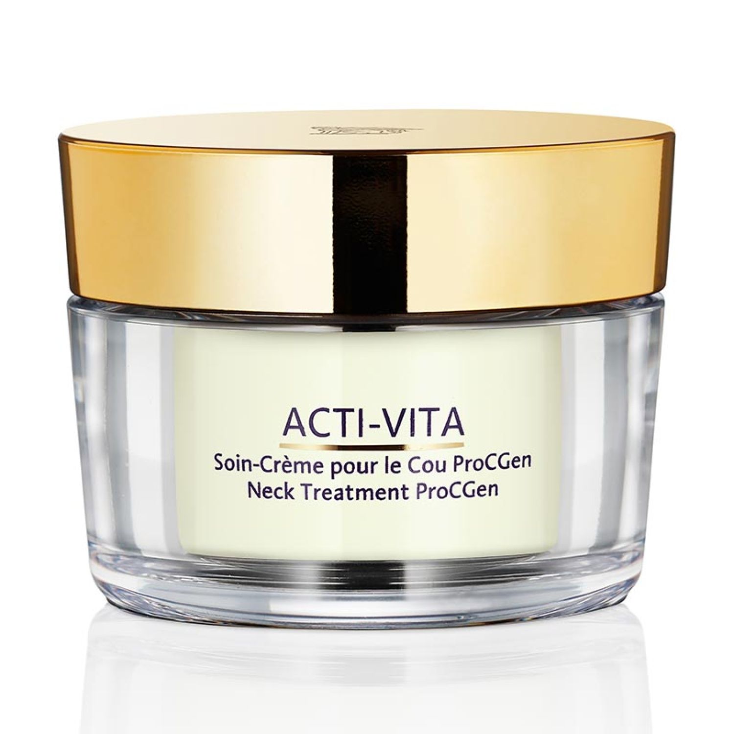 Glasbehälter mit goldfarbenem Deckel. Aufschrift ACTI-VITA, Neck Treatment ProCGen. Cremefarbener Inhalt sichtbar.