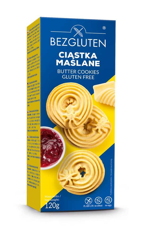 Verpackung von Bezgluten Butterkekse glutenfrei. Blaue Schachtel mit Keksen und Marmelade. Text: Gluten Free, 120g.
