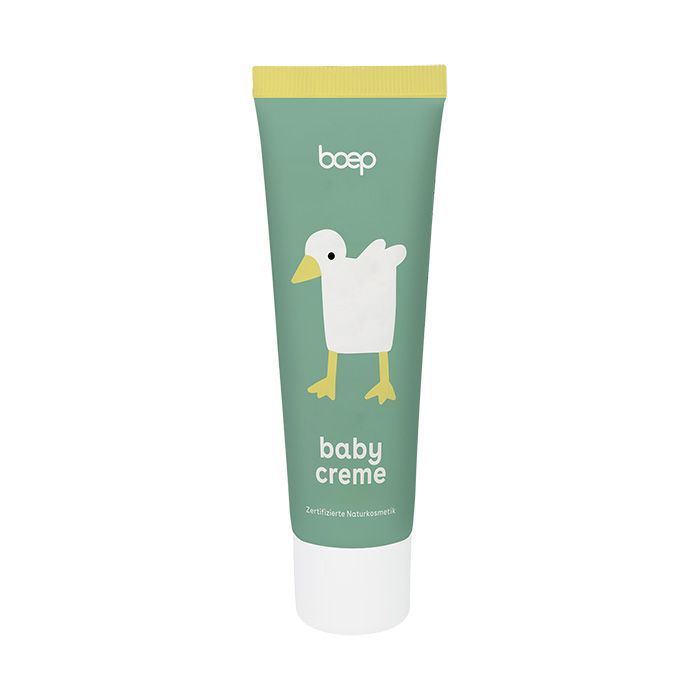 Grüne Tube mit gelbem Deckel. Aufschrift "boep" und Enten-Illustration. Text: "baby creme".