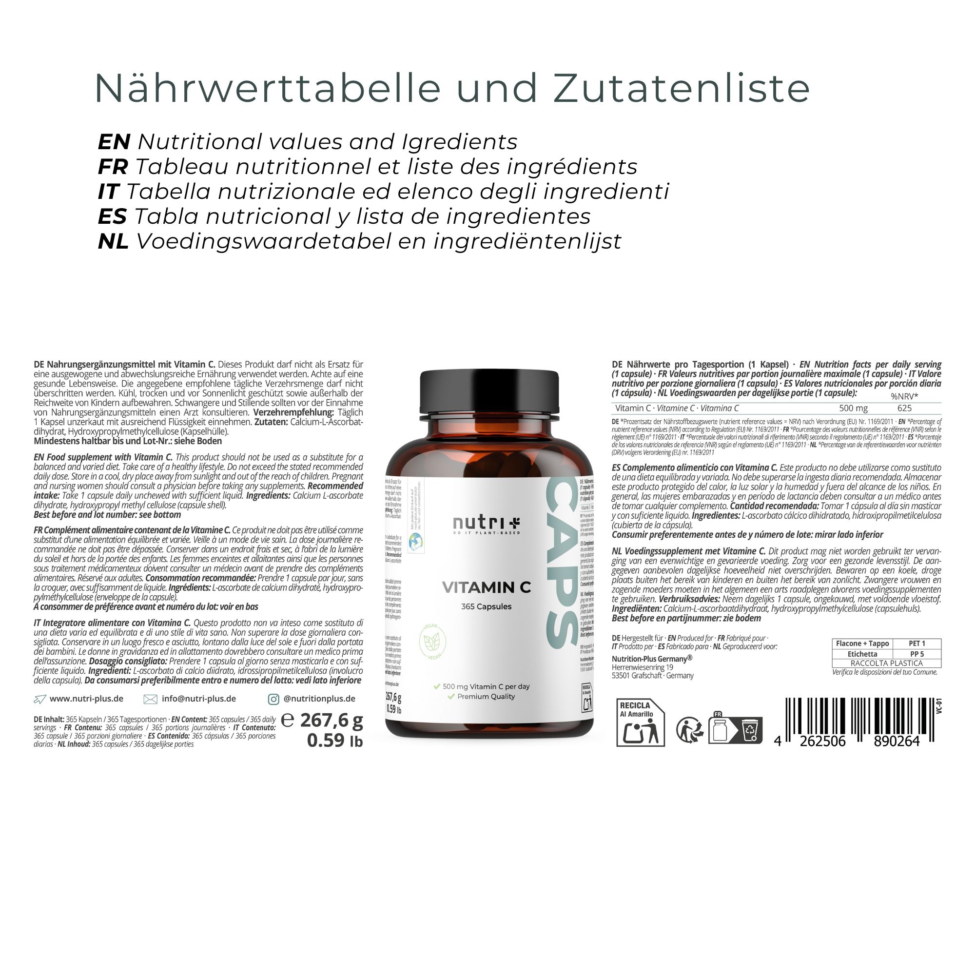 Rückseite der Flasche mit Informationen: Nährwerttabelle, Zutatenliste, Anwendungshinweise, Herstellerinformationen. Text in Deutsch, Englisch, Französisch, Italienisch und Niederländisch.
