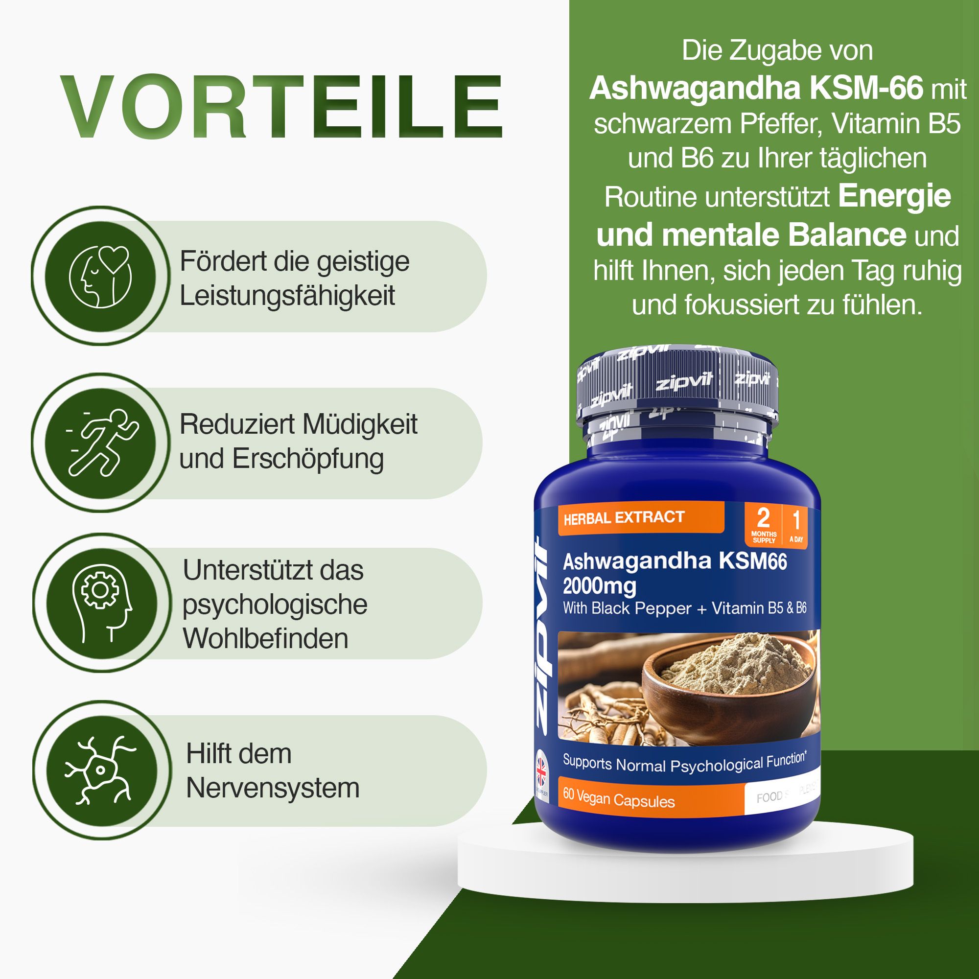 Blaue Flasche mit Kapseln. Aufschrift: Ashwagandha KSM-66 2000mg mit Vitamin B5 & B6. 60 vegane Kapseln. Vorteile: geistige Leistungsfähigkeit.