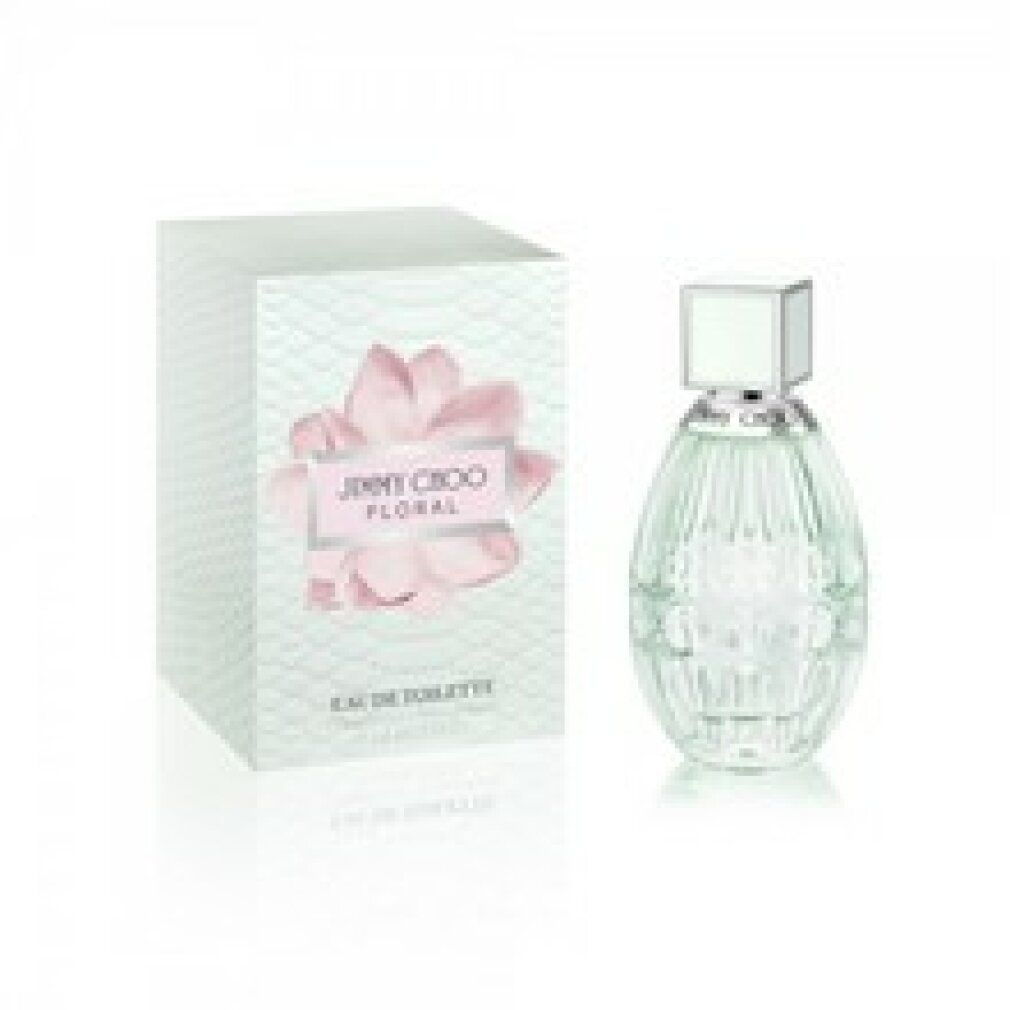 Parfümflasche und Verpackung. Flasche mit geriffelter Oberfläche und quadratischem Deckel. Verpackung mit floralem Design und Aufschrift: JIMMY CHOO FLORAL.