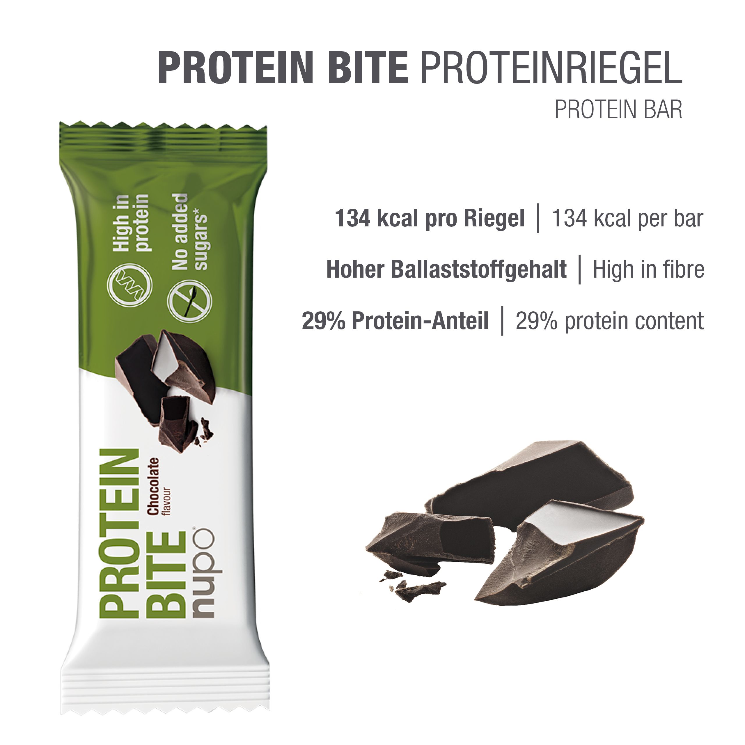 Protein Bite Schokoriegel. Verpackung und Schokoladenstücke. Angaben zu Kalorien, Ballaststoffen und Proteingehalt. Ohne Zuckerzusatz.