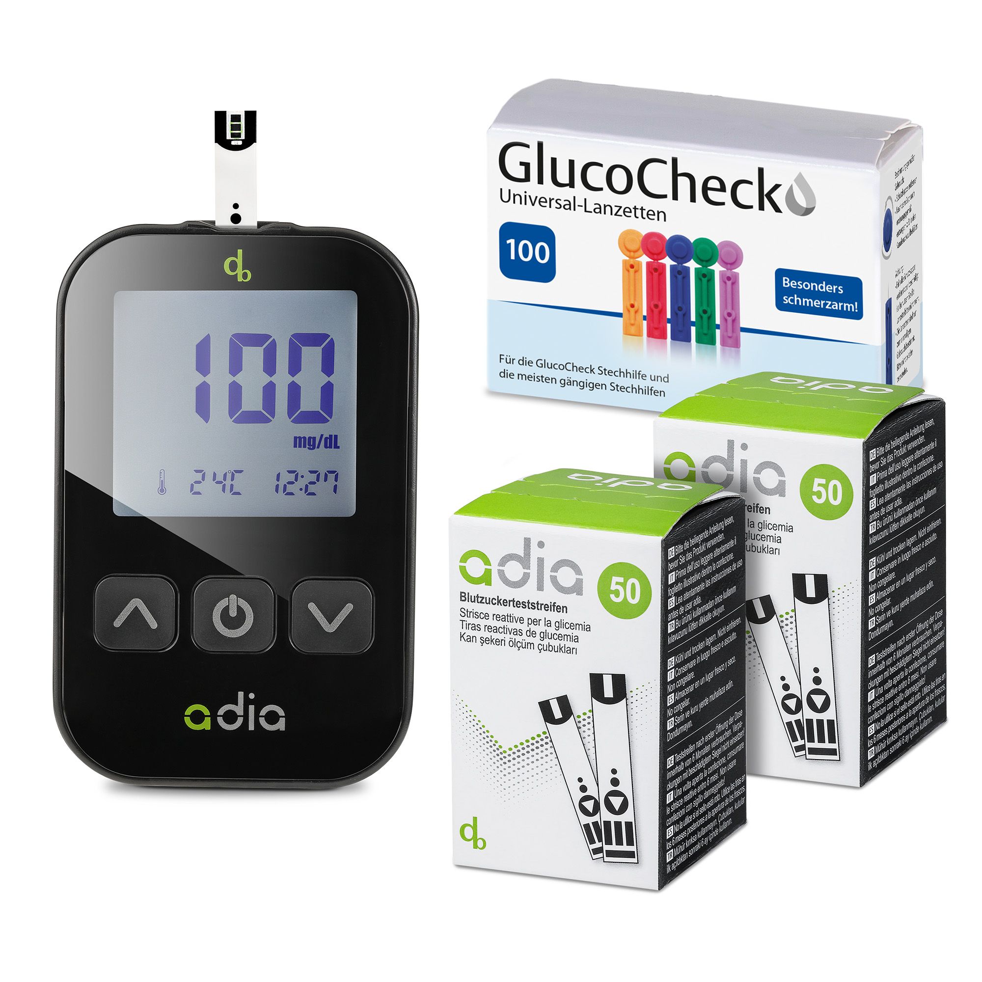 adia Blutzuckermessgerät (mg/dl) Set + 110 Blutzuckerteststreifen + 110 ...