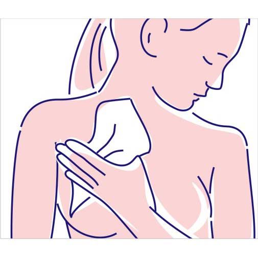Illustration: Person reinigt Schulter mit Feuchtpflegetuch. Rosa Haut, blaue Konturen. Das Tuch ist weiß.