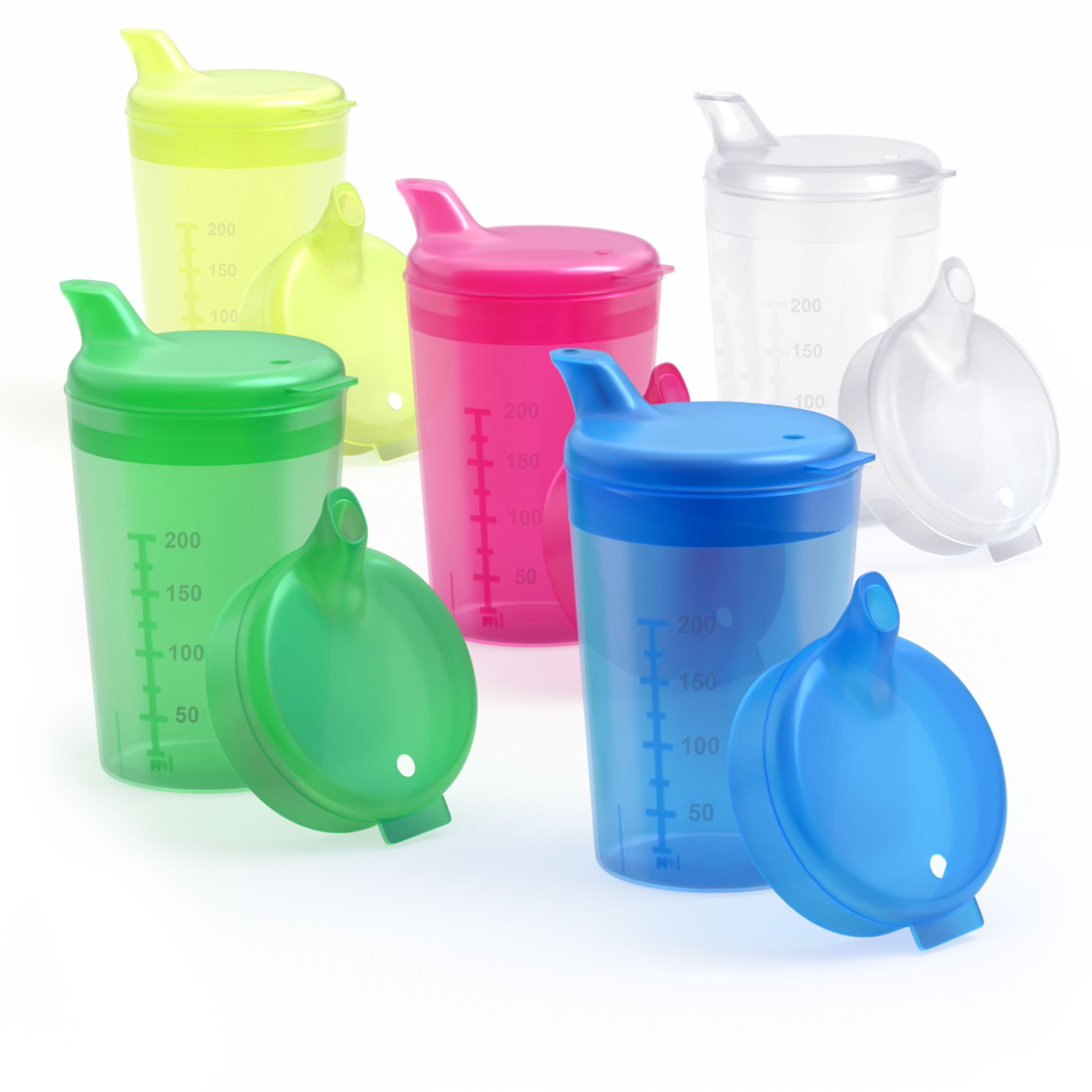 Mehrfarbige Schnabelbecher mit Deckel. Verschiedene Farben: Gelb, Grün, Pink, Blau und Transparent. Mit Messskala.