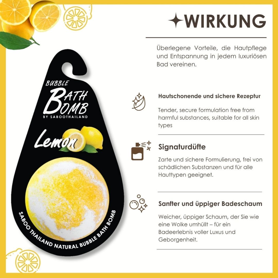 Grafik mit Text und Icons. Beschreibt Vorteile, Inhaltsstoffe und Wirkung der Bad Bombe. Text in deutscher Sprache.