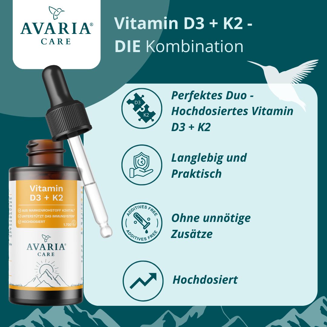 AVARIA CARE® Vitamin D3 K2 Tropfen – hochwertiges K2VITAL® 99,7% all-trans – MCT Öl