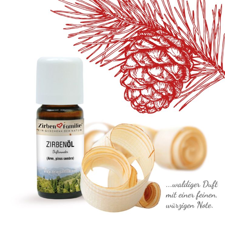 ZirbenÖl Flasche mit weißem Deckel. Holzspäne und Kiefernzapfen im Hintergrund. Text.