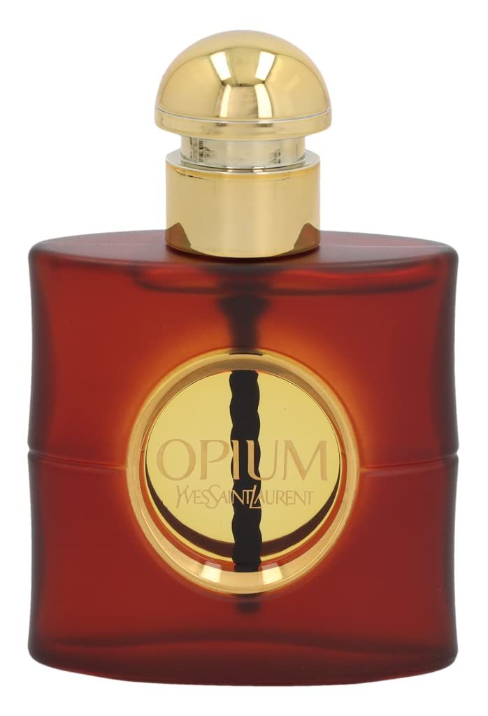 Brauner Flakon mit goldenem Verschluss und Aufschrift "Opium". Goldener Kreis mit schwarzem Streifen. Marke: Yves Saint Laurent.