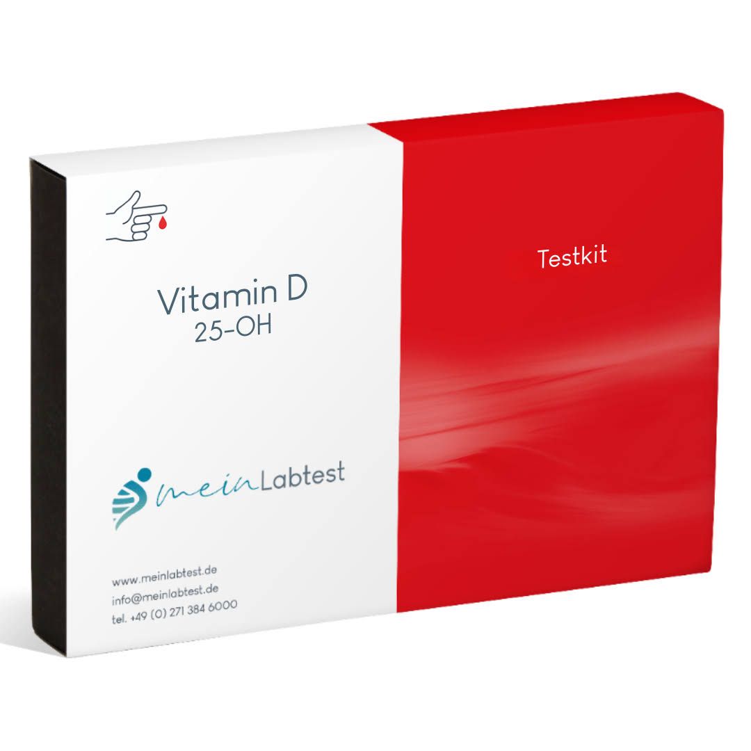 Weiß-roter Karton mit Aufschrift Vitamin D 25-OH und meinLabtest Logo. Auf der rechten Seite steht Testkit.