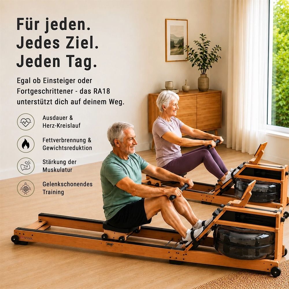 Älteres Paar trainiert auf zwei Holz-Rudergeräten.