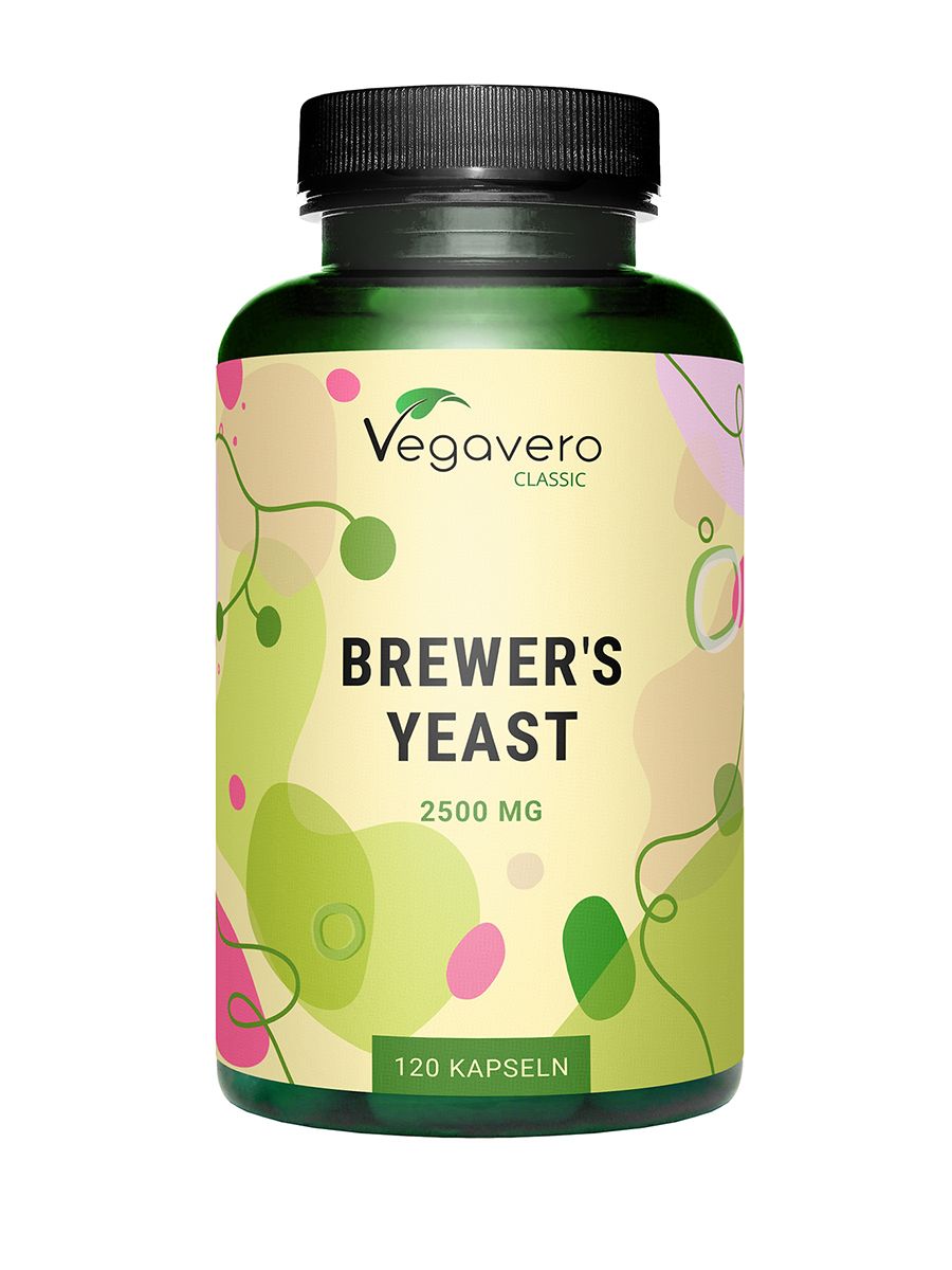 Grüne Flasche mit schwarzem Deckel. Aufschrift: Vegavaro, BREWER'S YEAST, 2500 MG, 120 Kapseln. Hintergrund mit bunten Formen.