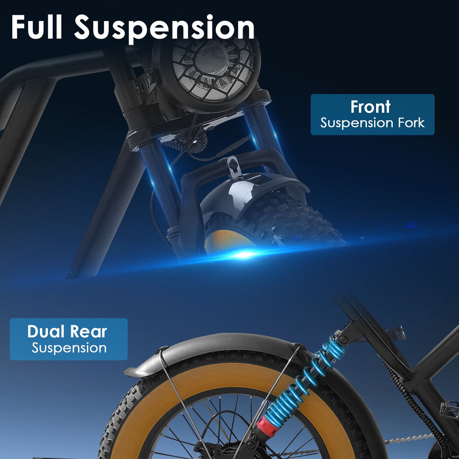 Nahaufnahme der Federung des E-Bikes. Beschriftung: Full Suspension, Front Suspension Fork, Dual Rear Suspension.
