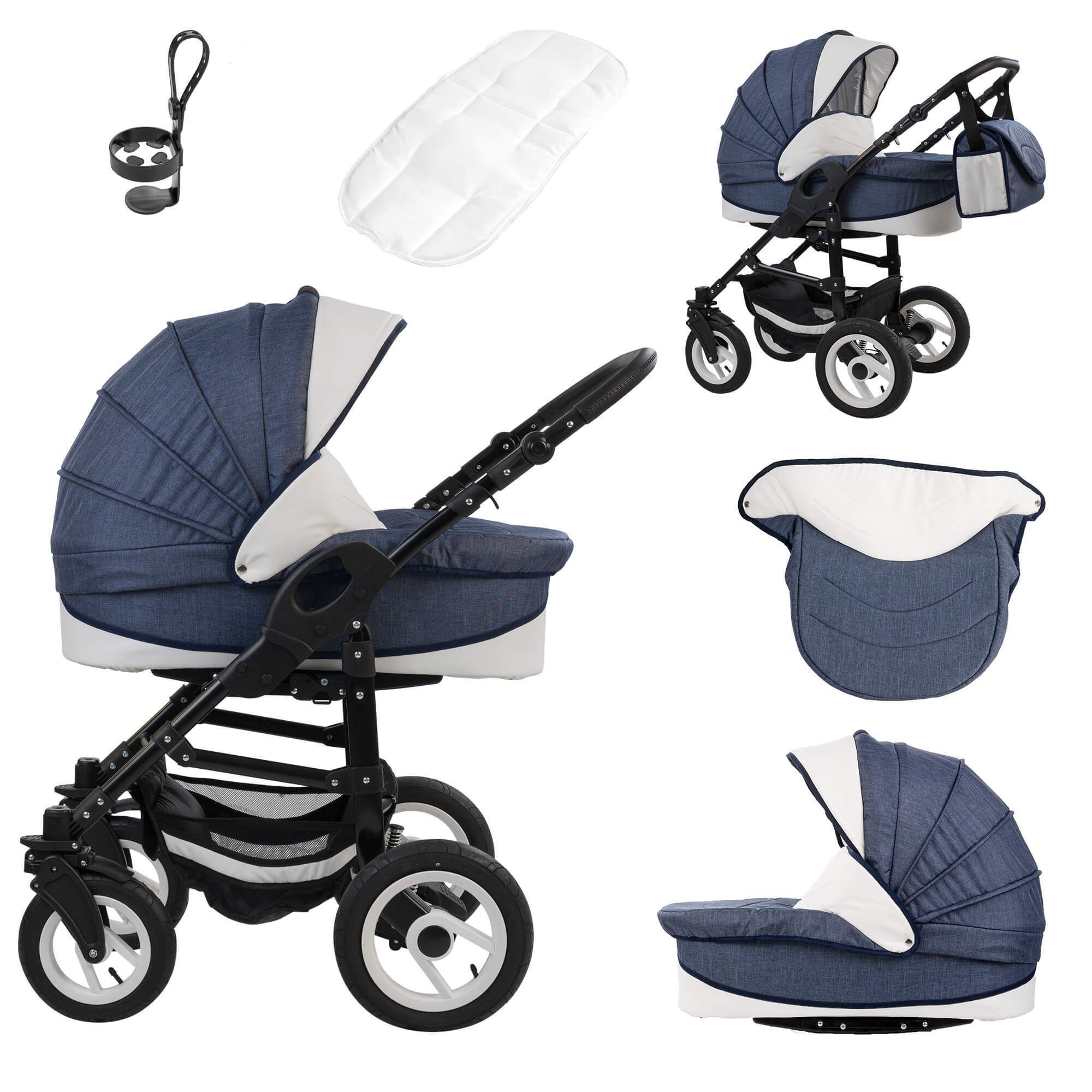Kombikinderwagen, blau-weiß, mit Luftreifen. Enthält Tragetasche, Tasche, Zubehör. Mehrere Ansichten.