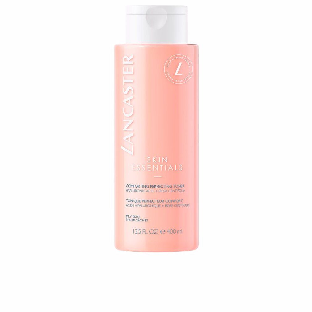 Rosa Flasche mit weißem Deckel. Aufschrift: Lancaster Skin Essentials Comforting Perfecting Toner. 13.5 FL. OZ. e 400ml.