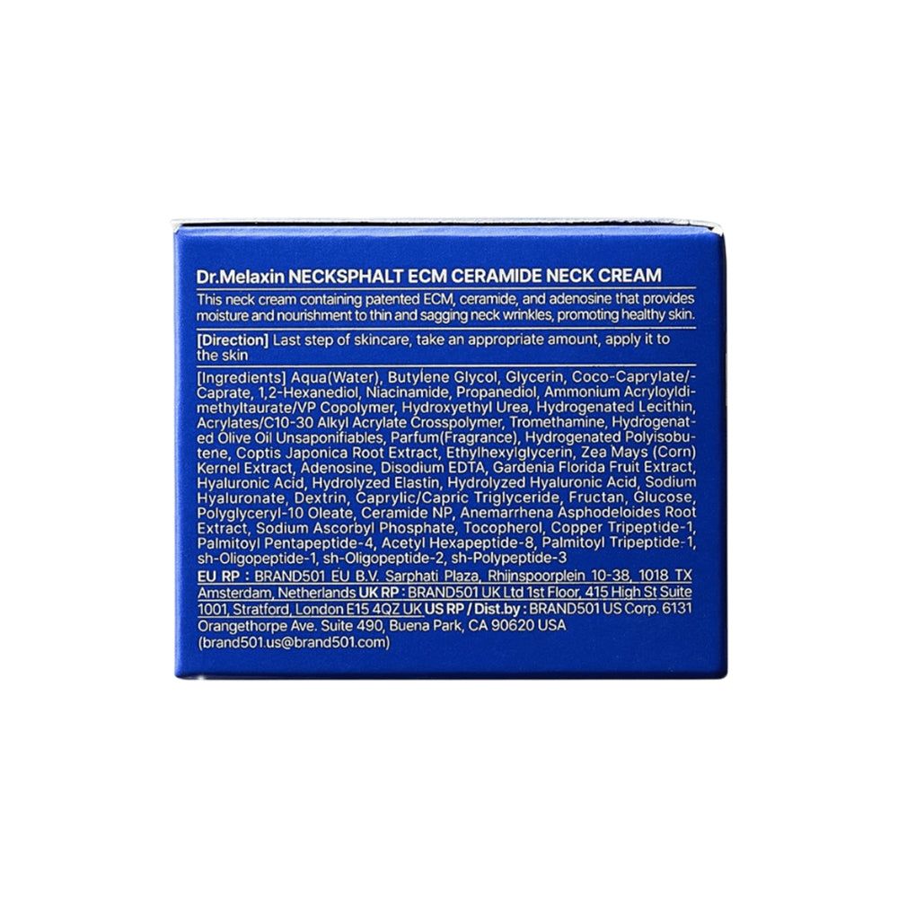 Dr.Melaxin Nackenshirt ECM Ceramide Halscreme. Enthält ECM Ceramide und Adenosin für Feuchtigkeit und Straffung.