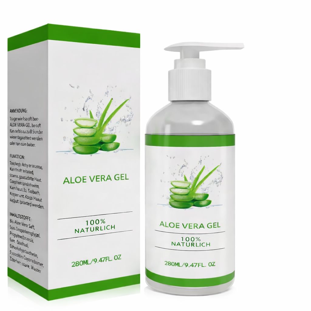 Aloe Vera Gel Flasche mit Spender und Karton. Aufschrift: Aloe Vera Gel, 100% natürlich. Grün-weiße Verpackung.