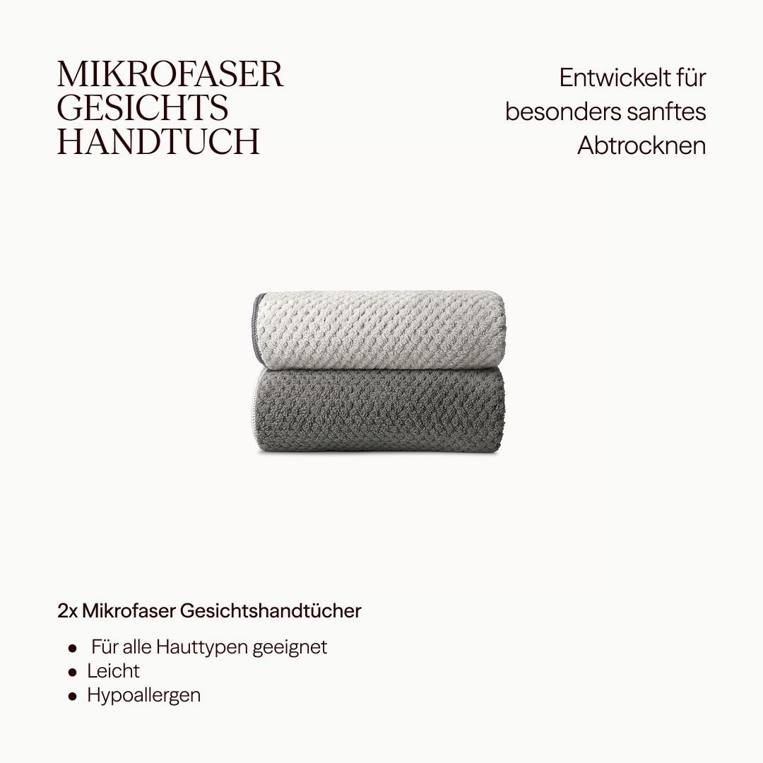 Zwei Mikrofasertücher, hellgrau und dunkelgrau, gestapelt. Text: Mikrofasertücher, für alle Hauttypen geeignet, leicht, hypoallergen.