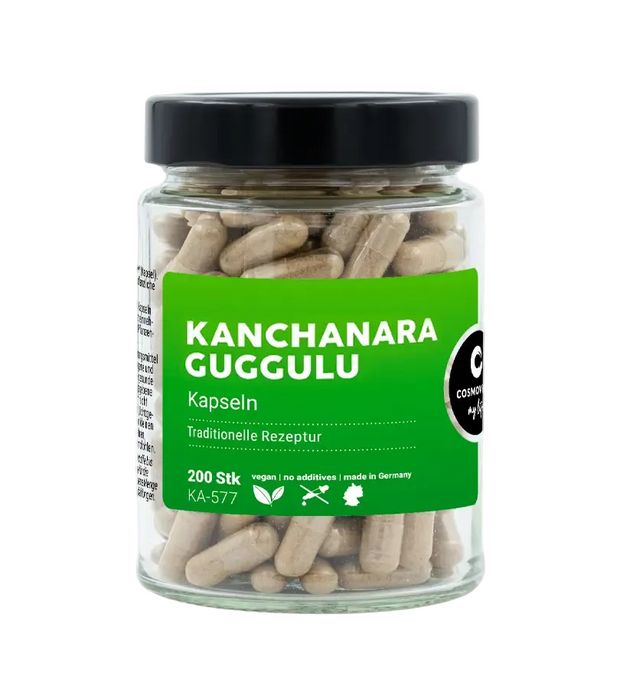 Glasbehälter mit 200 Kapseln, Kanchanara Guggulu, vegan, ohne Zusatzstoffe, Made in Germany.