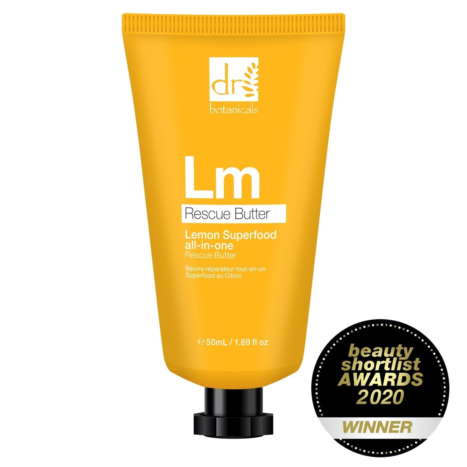 Gelbe Tube mit schwarzem Verschluss. Aufschrift: Dr Botanicals, Lm Rescue Butter, Lemon Superfood. Auszeichnung: Beauty Shortlist Awards 2020 Winner.