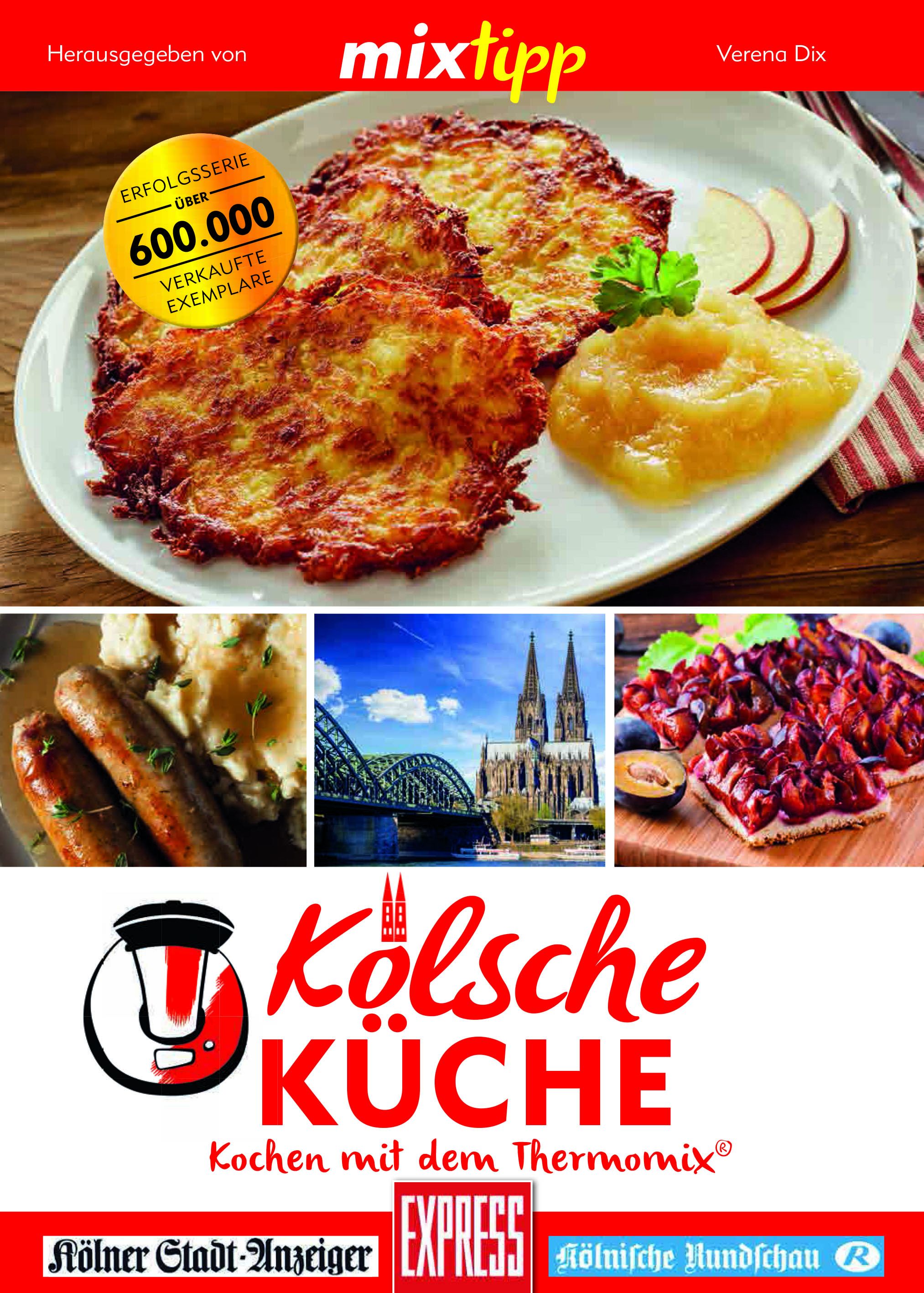 Kochbuch "Kölsche Küche" mit Kartoffelpuffer, Apfelmus und Pflaumenkuchen. Enthält Logos von "mixtipp", "Express" und "Kölner Stadt-Anzeiger".