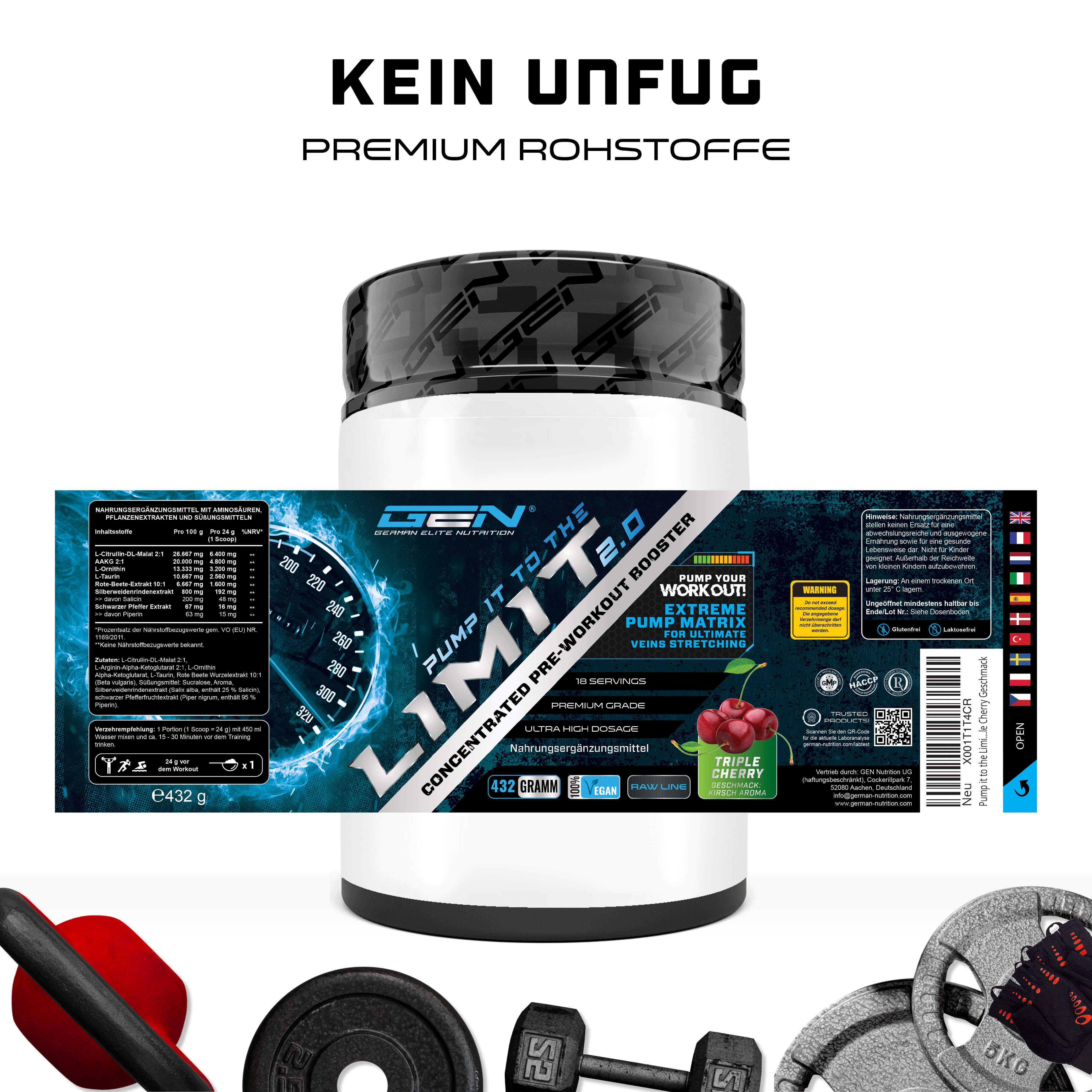 Produktverpackung mit Produktnamen und Inhaltsangaben. Enthält Informationen zu Inhaltsstoffen und Nährwerten. Mit Zertifizierungen.