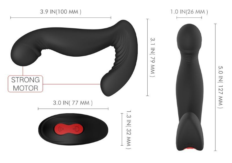 Schwarzer Vibrator mit Abmessungen in Zoll. Fernbedienung und Text: STRONG MOTOR. Maße angegeben.