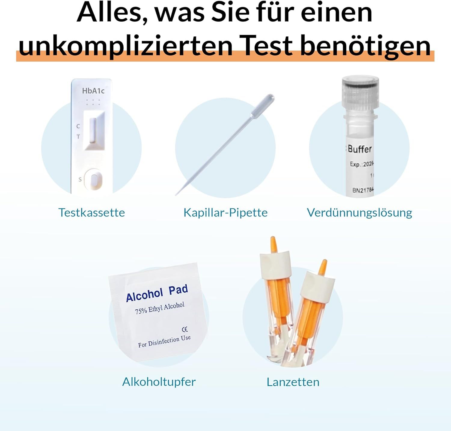 Verschiedene Testkomponenten. Testkassette, Kapillar-Pipette, Verdünnungslösung, Alkoholtuper, Lanzetten.