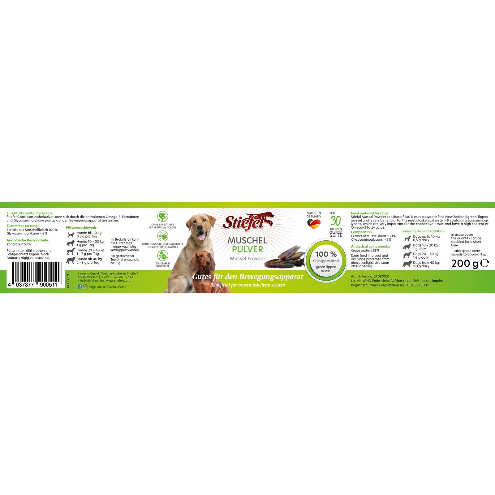 Verpackung von Stiefel Muschelpulver. Grün-weiße Verpackung mit Produktinformationen, Logo und Abbildungen von Hunden.