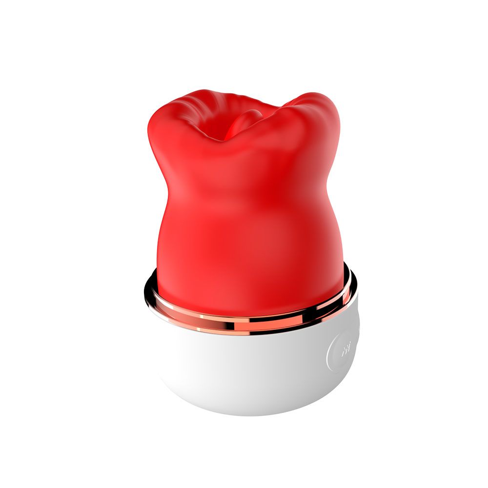 Roter Aufsatz auf weißem Sockel. Das Produkt hat eine runde Form und eine goldfarbene Zierleiste.